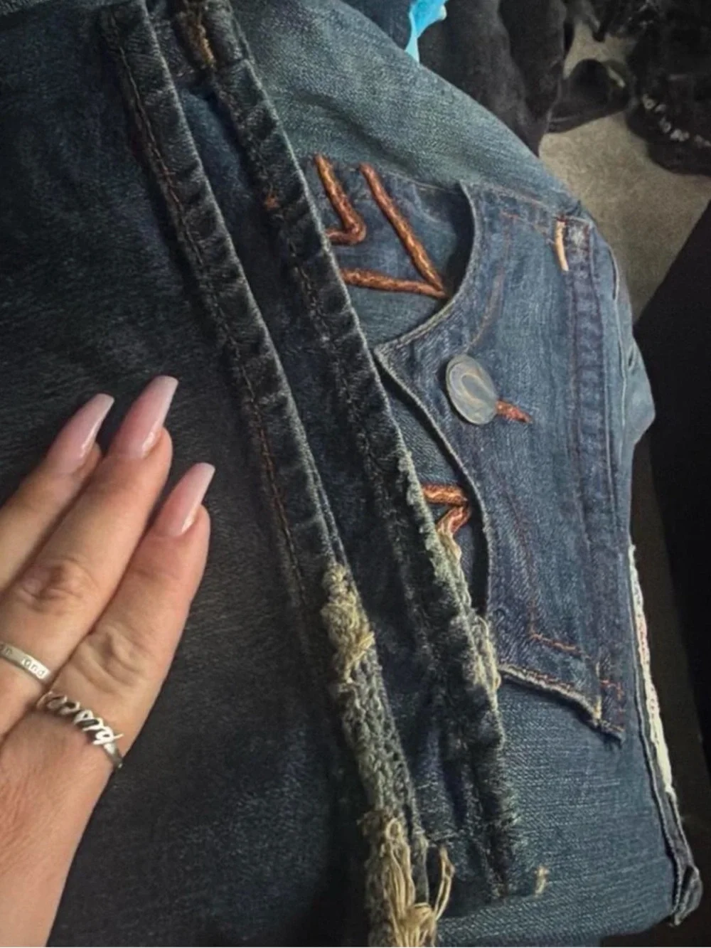 True Religion Men’s Blue Denim Jeans with Orange Contrast Stitching